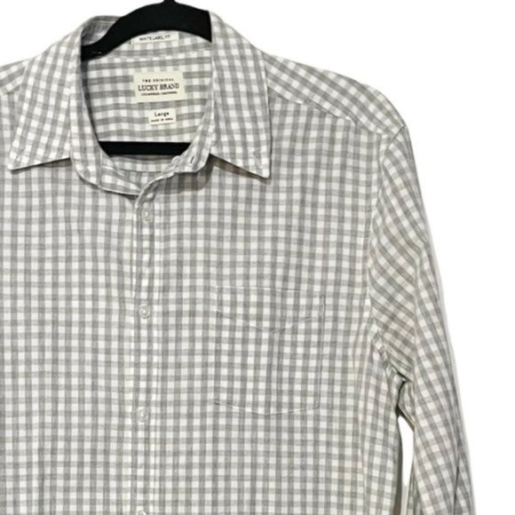 Lucky Brand Men's White Label Fit Gray & White Plaid Button Down Shirt - Picture 3 of 8